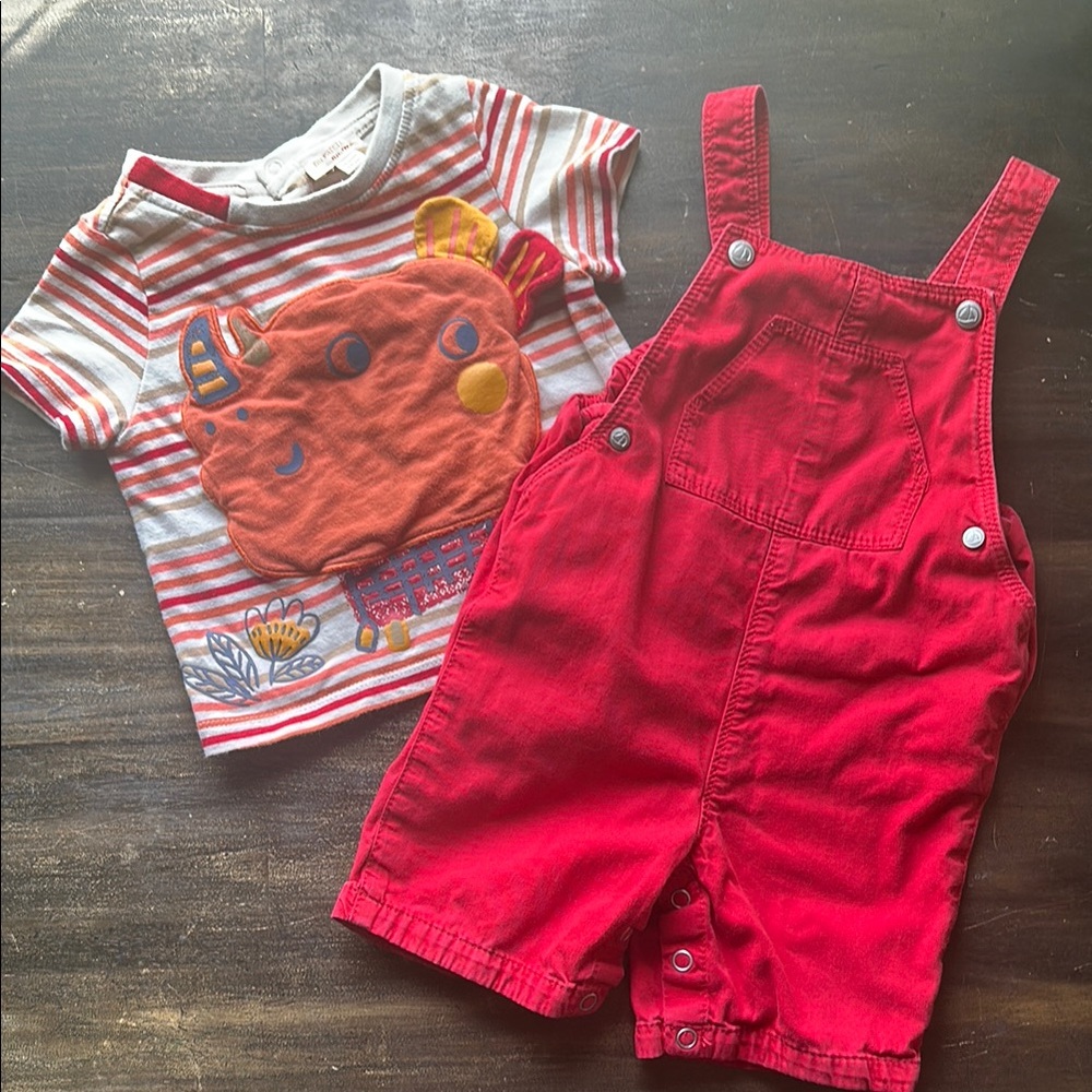 Petit Bateau Red Overalls and graphic shirt 12 months